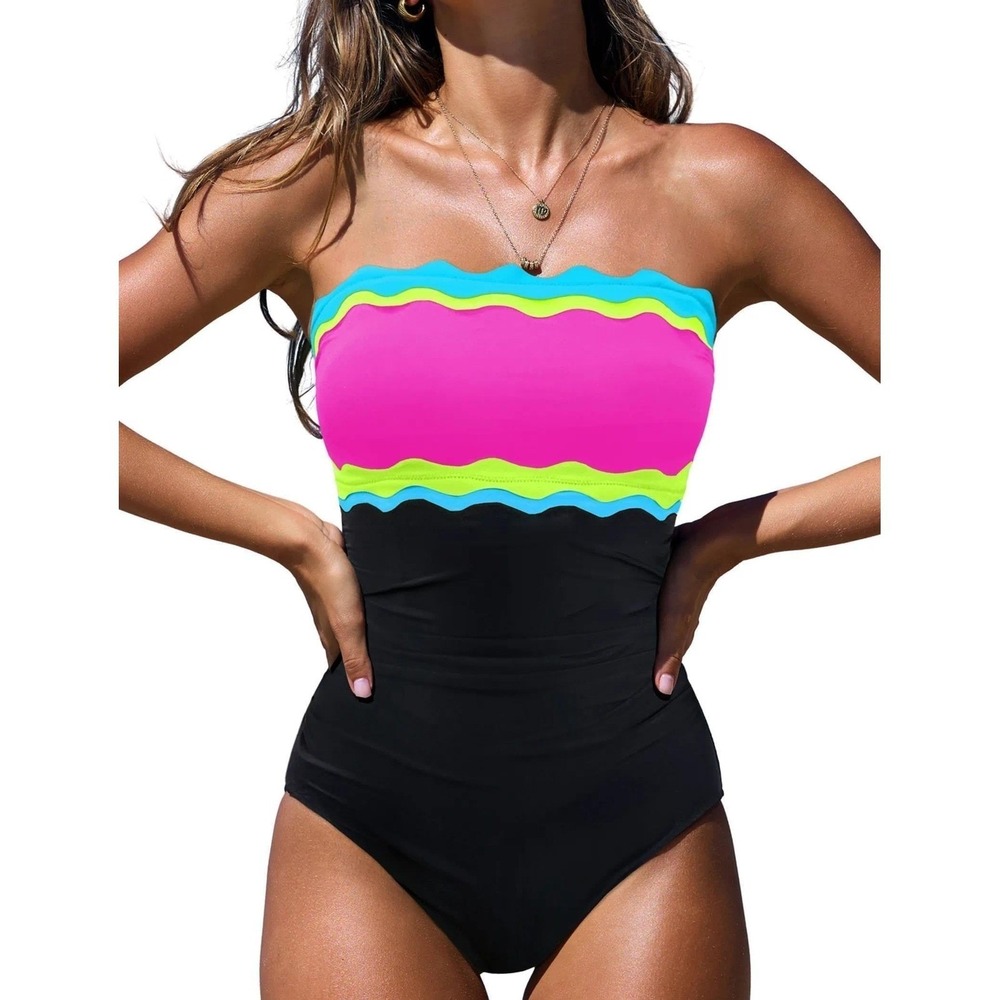 NWT Popvil One Piece Swimsuit Strapless Bandeau Neon Tummy Control Small